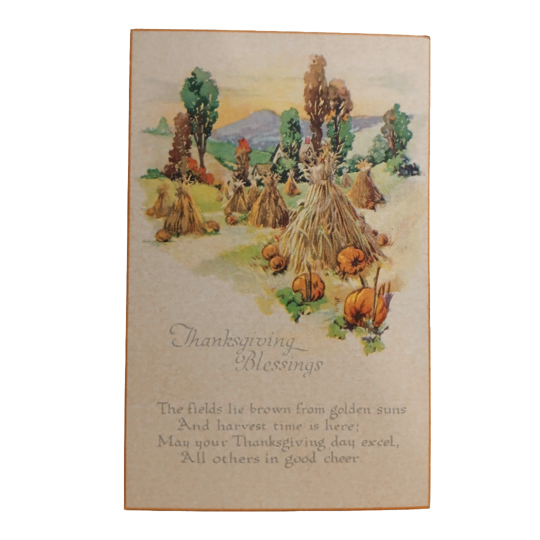 Thanksgiving Postcard Haystacks in Pumpkin Patch Arts Craft Style