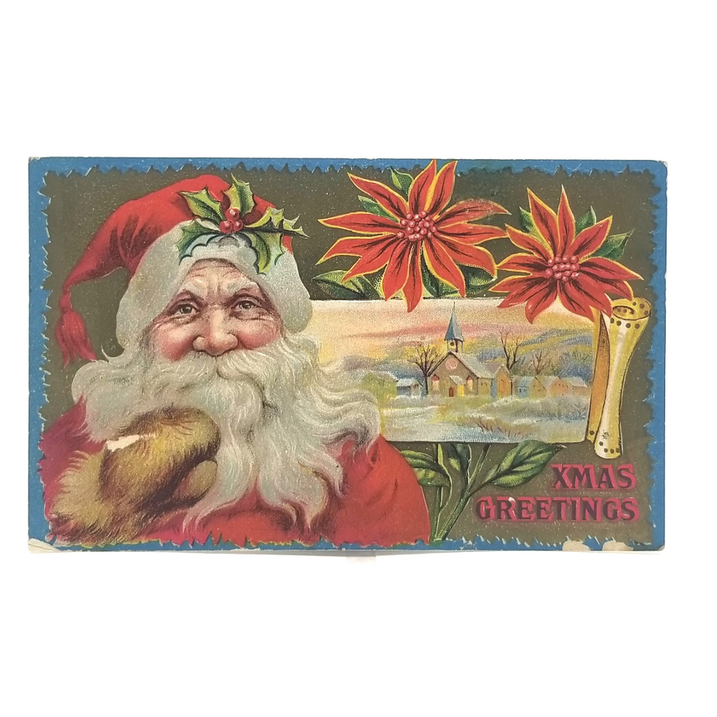 Christmas Postcard Santa Claus Town in Snow Poinsettia Border