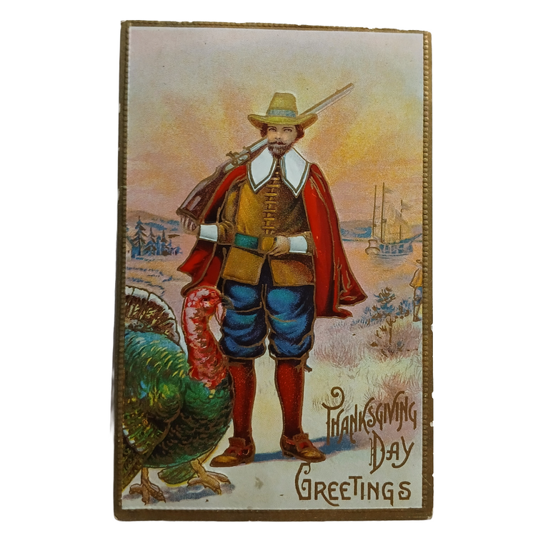 Thanksgiving Postcard Pilgrim Hunting with Giant Green Turkey Series 800