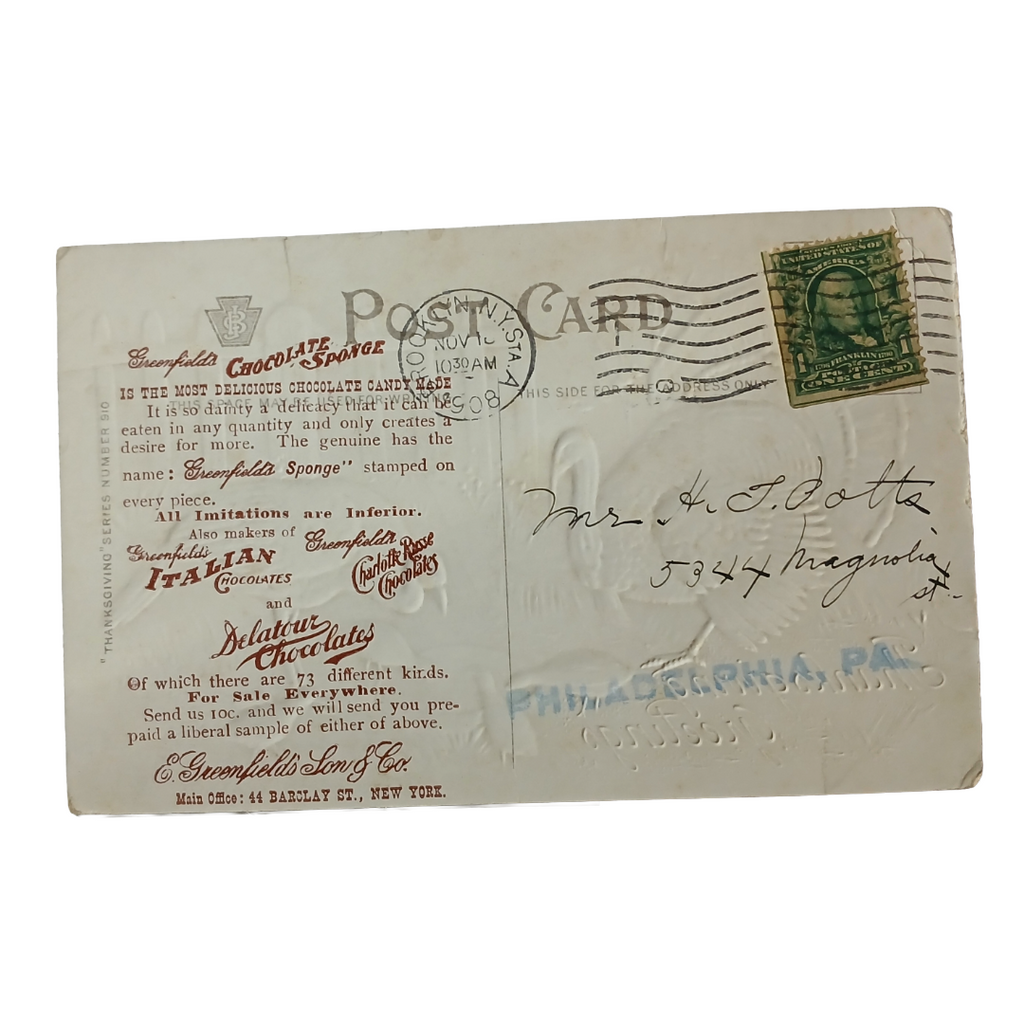 Thanksgiving Postcard Turkeys with Chicks Greenfield's Chocolate Advertising Card