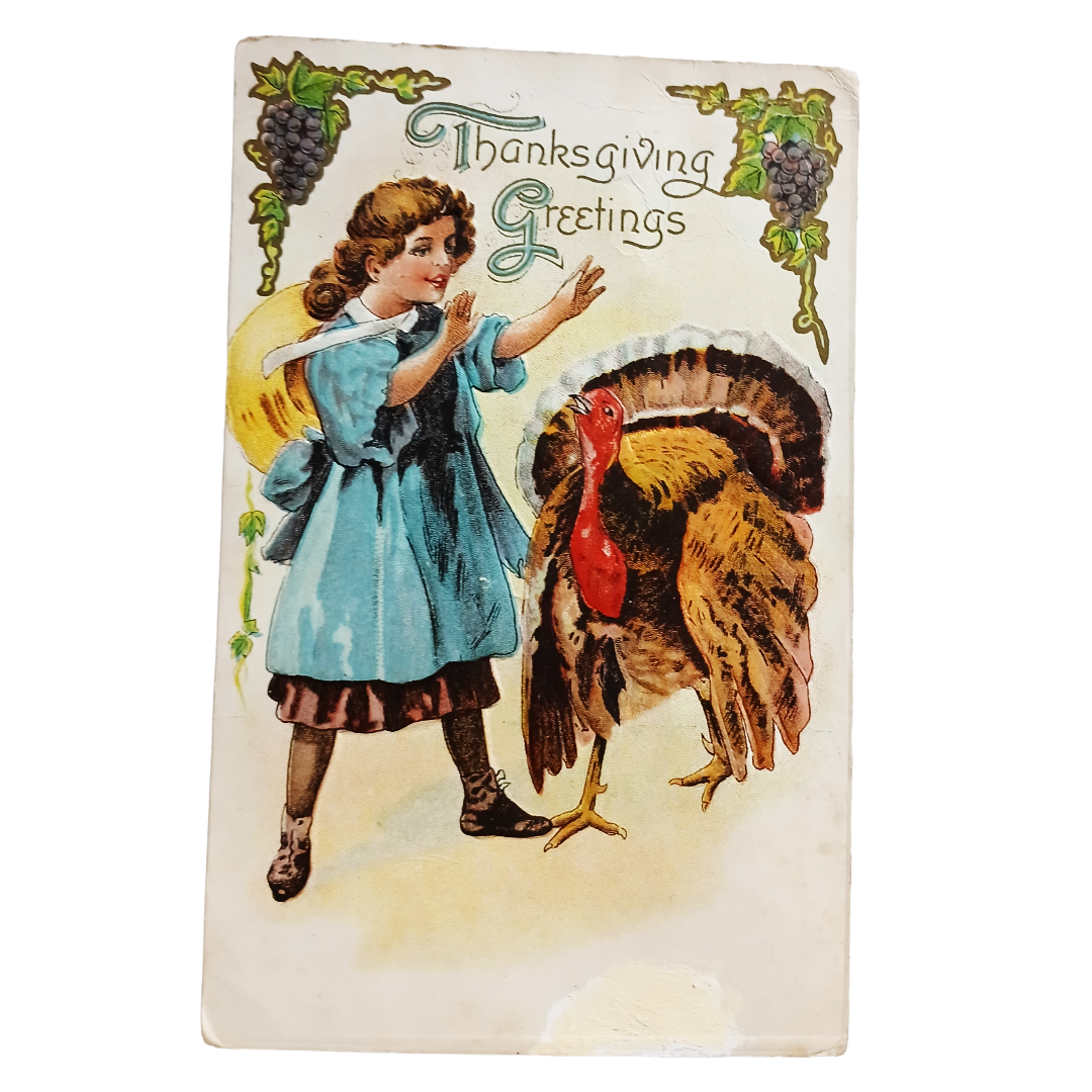 Thanksgiving Postcard Girl in Blue Dress with Turkey
