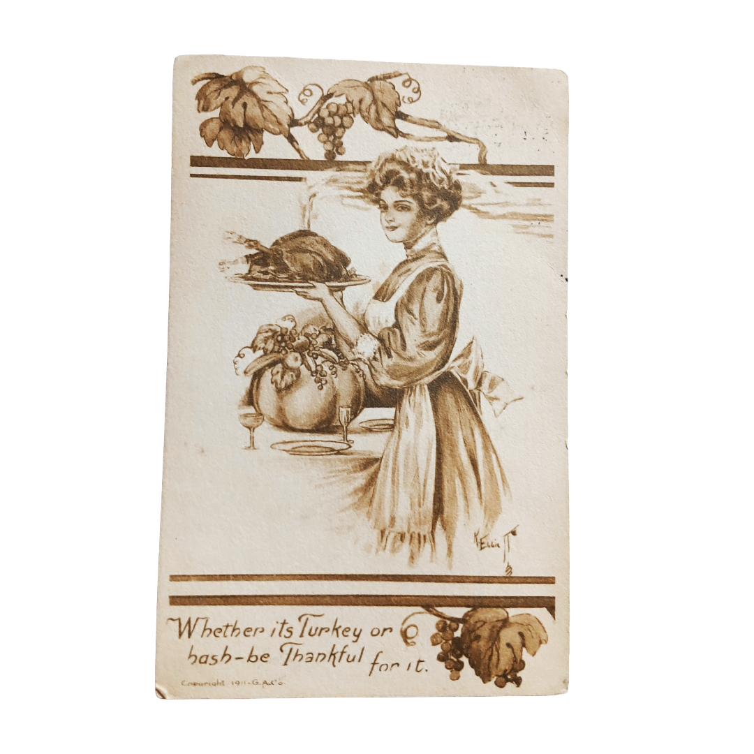 Thanksgiving Gibson Girl Maiden with Turkey Artist Elliott Sepia Tone