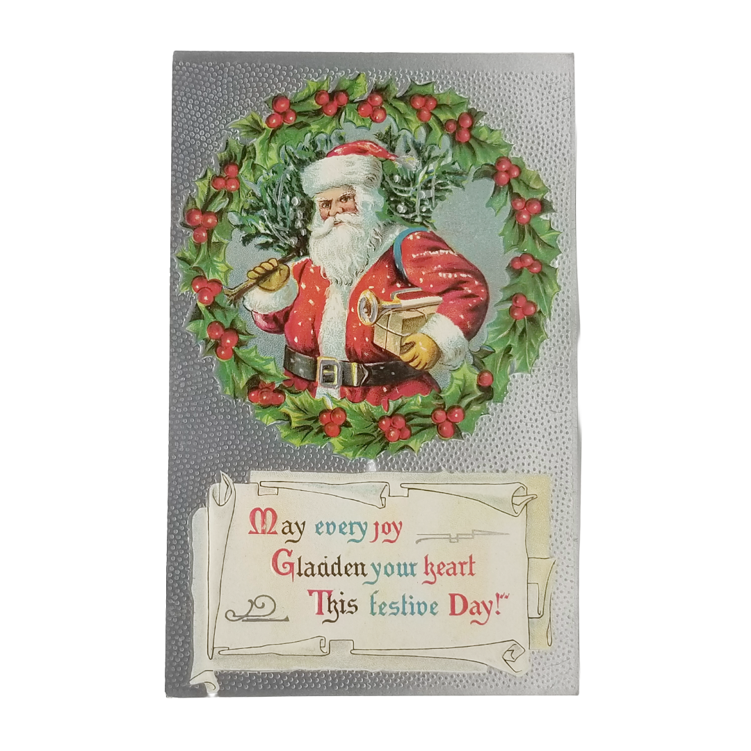 Christmas Postcard Santa Claus w/ Tree Wreath Border Silver Background