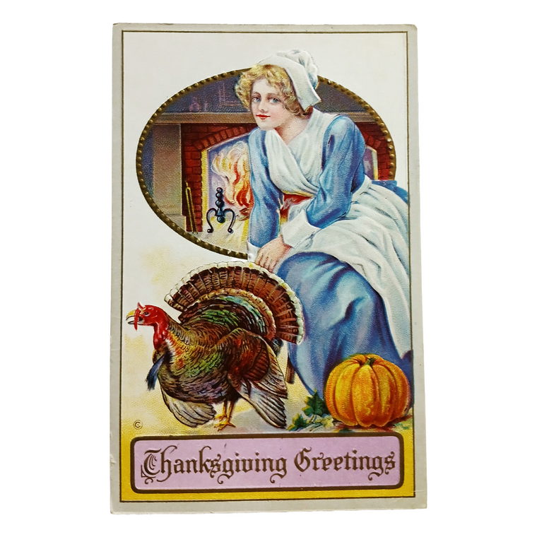 Thanksgiving Postcard Pilgrim Maiden Lady w/ Turkey Series 256