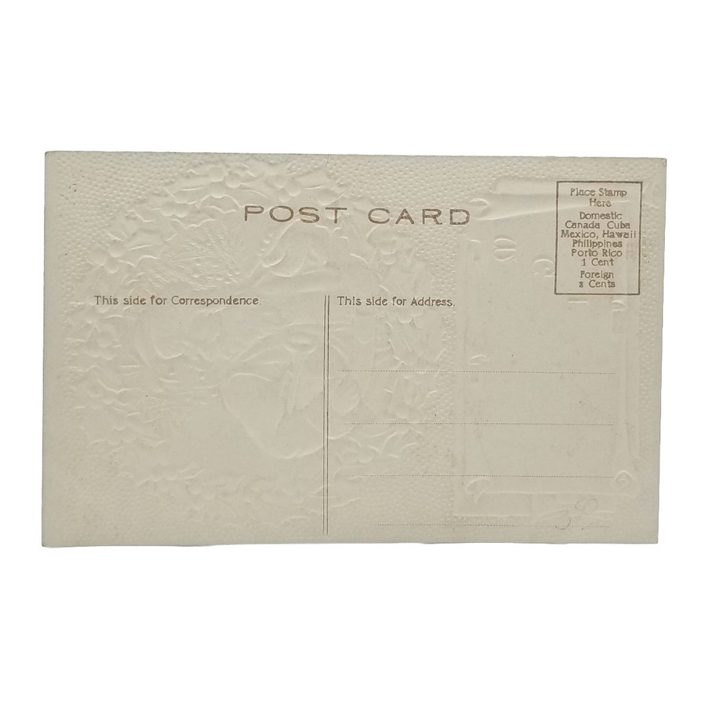 Christmas Postcard Santa Claus w/ Tree Wreath Border Silver Background