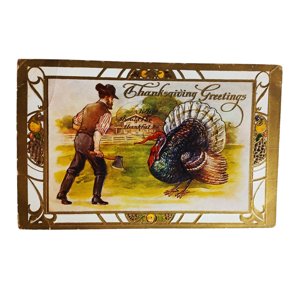 Thanksgiving Postcard Man with Turkey in Farm Yard
