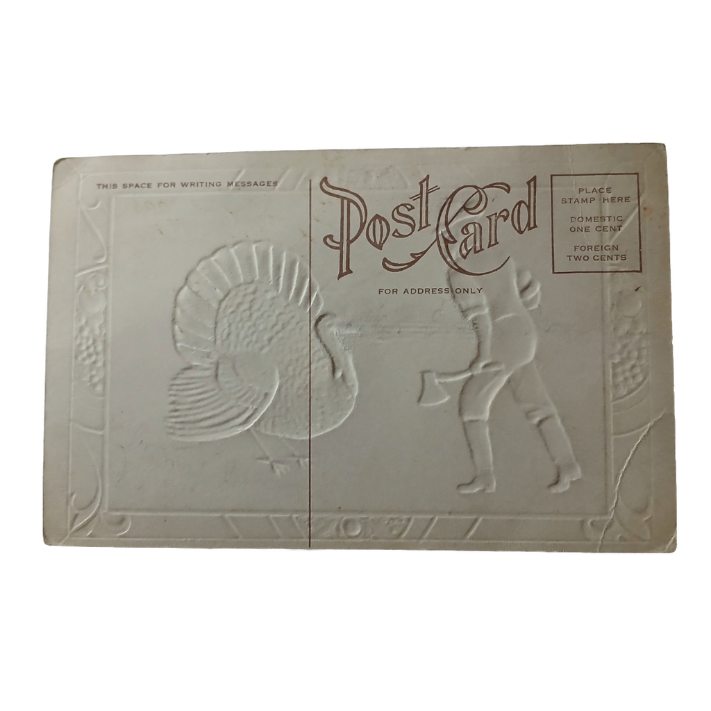 Thanksgiving Postcard Man with Turkey in Farm Yard