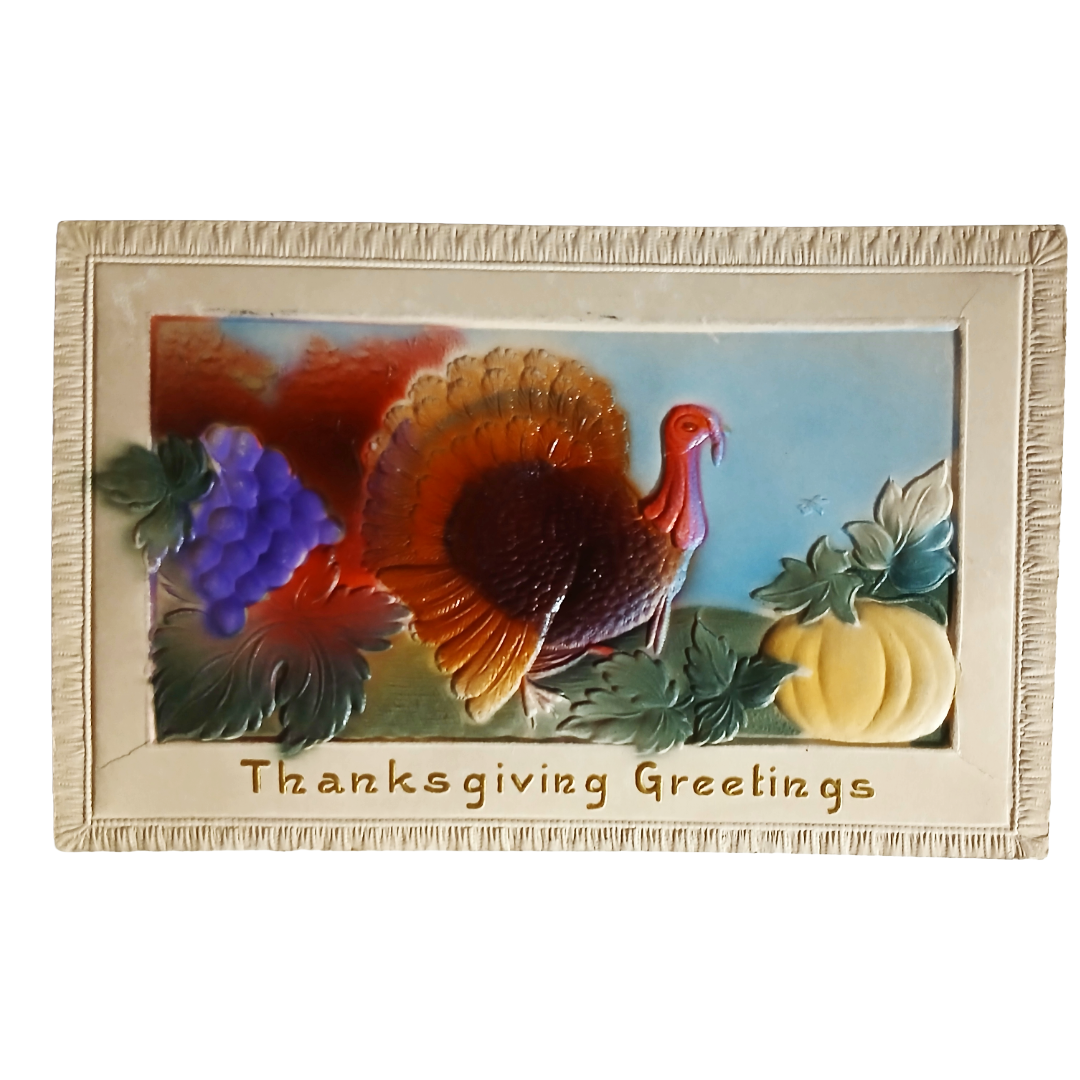 Thanksgiving Postcard Turkey with Grapes Pumpkin Hand Painted Airbrush