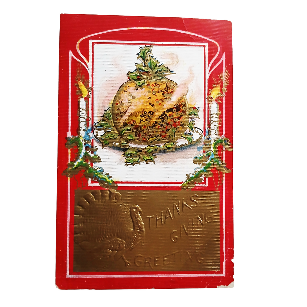 Thanksgiving Postcard Gold Embossed Turkey Red Background Textured Card