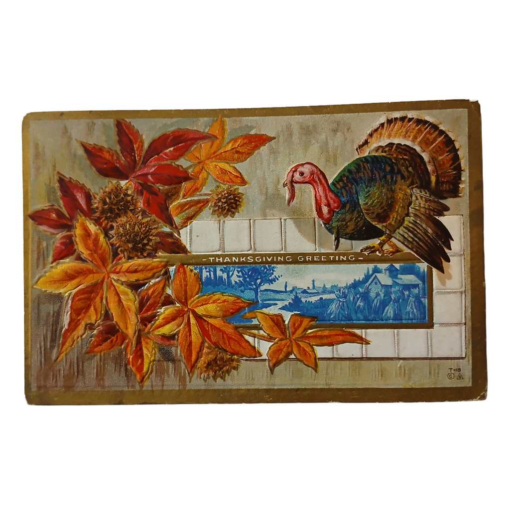 Thanksgiving Postcard Embossed Turkey Autumn Leaves Landscape