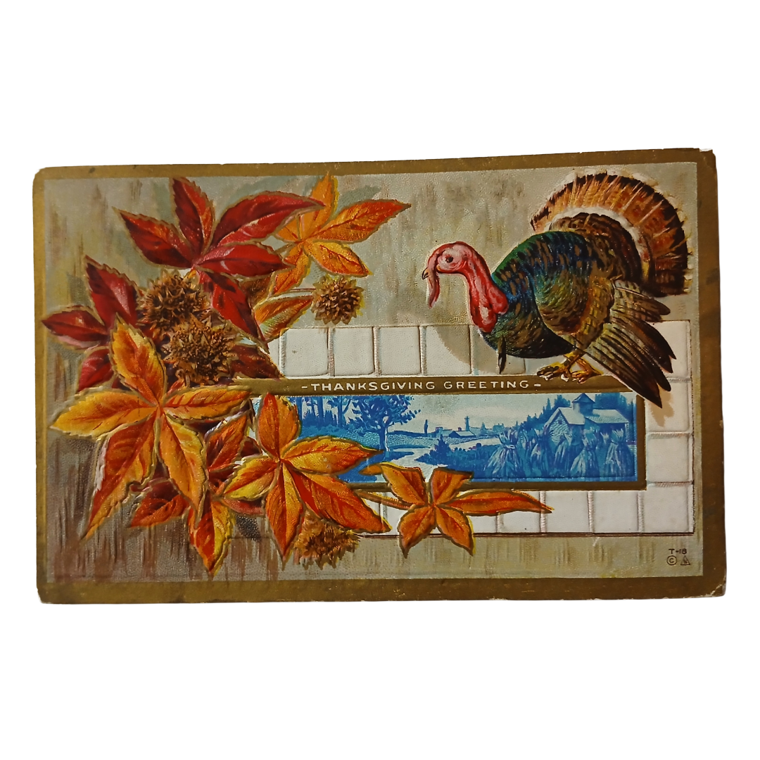 Thanksgiving Postcard Embossed Turkey Autumn Leaves Landscape
