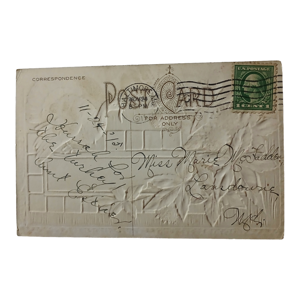 Thanksgiving Postcard Embossed Turkey Autumn Leaves Landscape