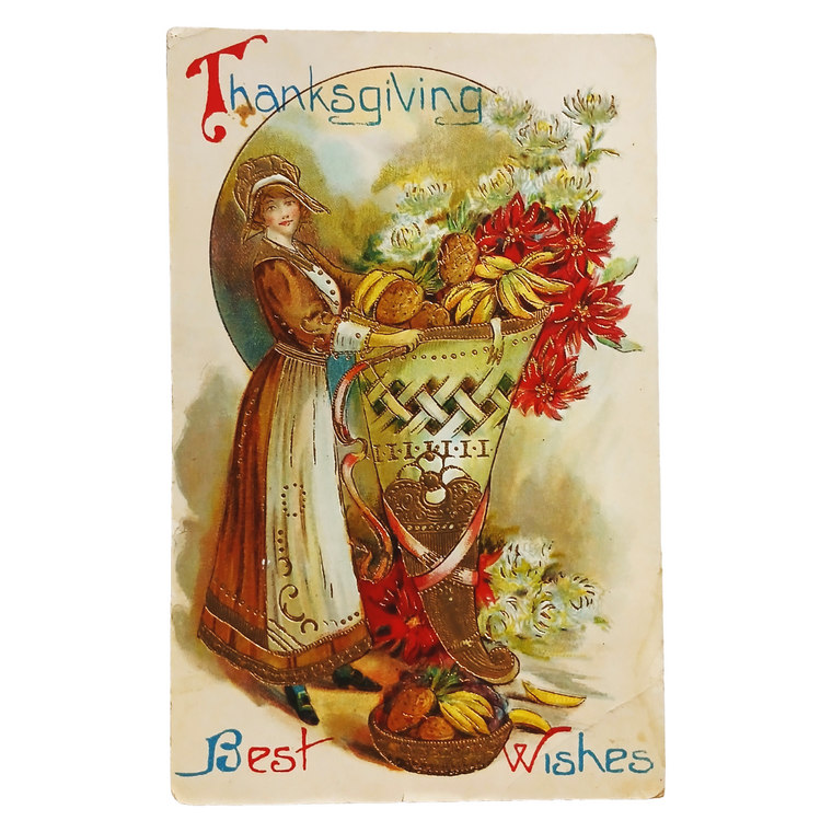 Thanksgiving Postcard Gold Embossed Pilgrim Maiden with Food Harvest
