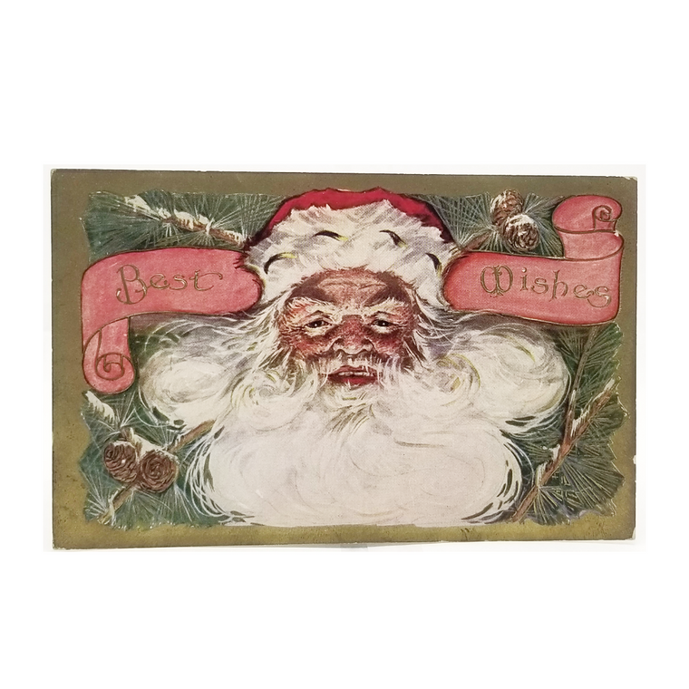 Christmas Postcard Santa Claus in Pine Cone Tree Best Wishes Banner