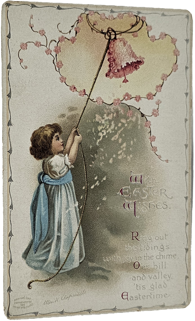 Easter Postcard Child Ringing Pink Flower Covered Bell Silver Embossed Series 4258 Artist Clapsaddle IAP