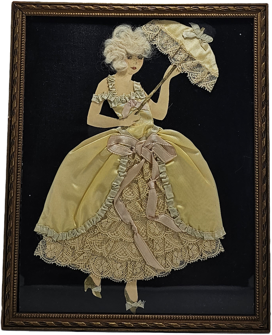 Vintage Art Deco Paper Doll Lady in Yellow Dress Holding Parasol Applied "Real" Hair Embossed Frame