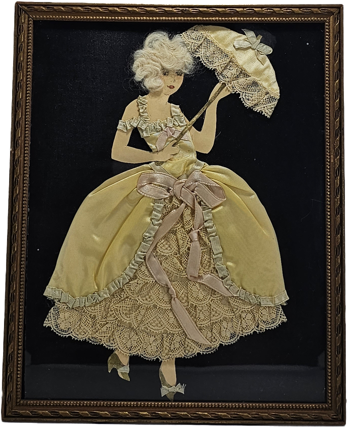 Vintage Art Deco Paper Doll Lady in Yellow Dress Holding Parasol Applied "Real" Hair Embossed Frame