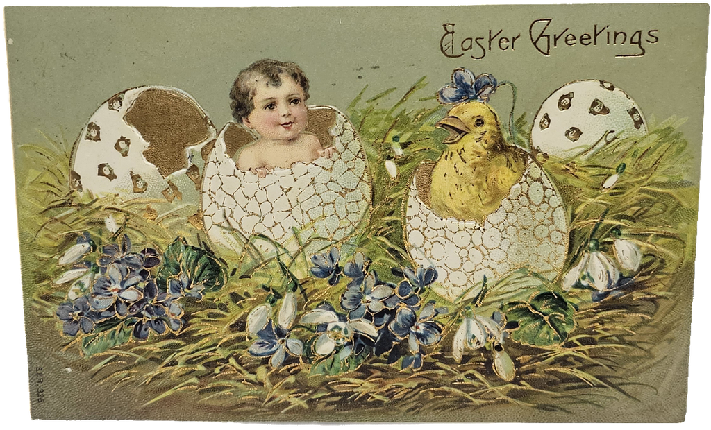 Easter Postcard  Gold Embossed Baby & Chick in Eggs Nest of Flowers Series 326