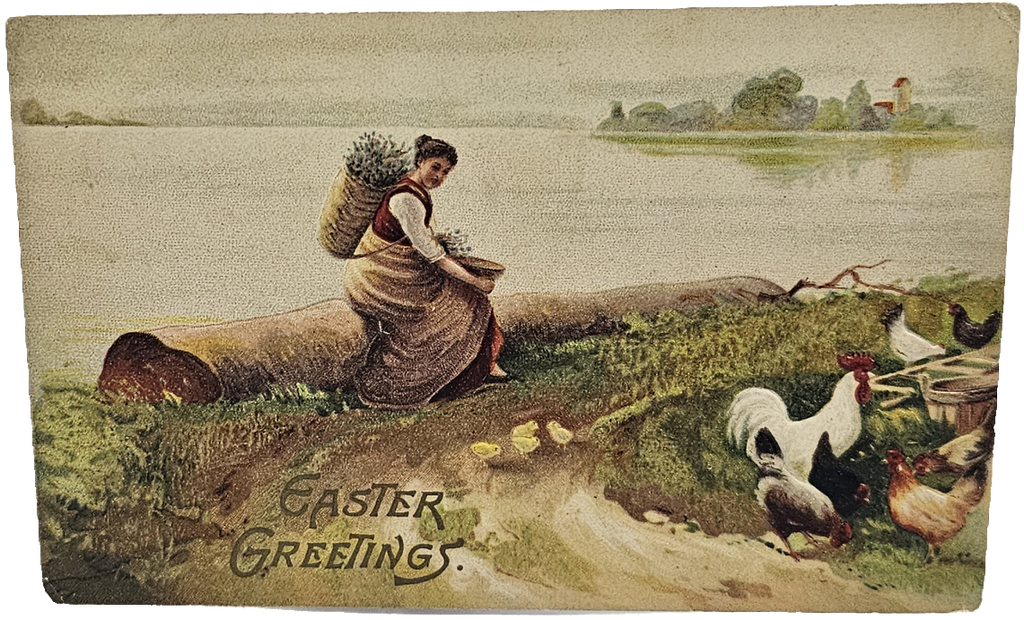 Easter Postcard Embossed Woman Feeding Hens Near River Germany