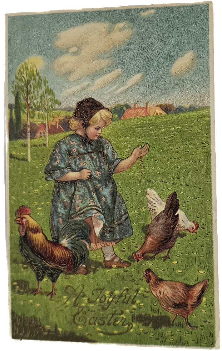 Easter Postcard Child Feeding Rooster & Hens Gold Embossed MHB Publishing