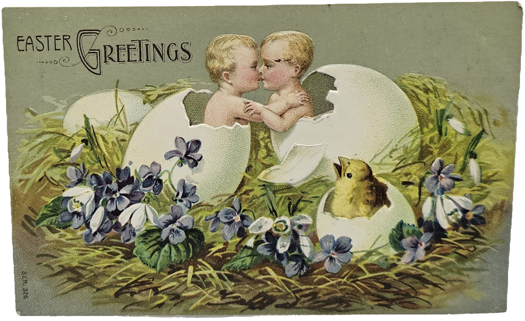 Easter Postcard Embossed Kissing Babies in Eggs Nest of Flowers Series 326