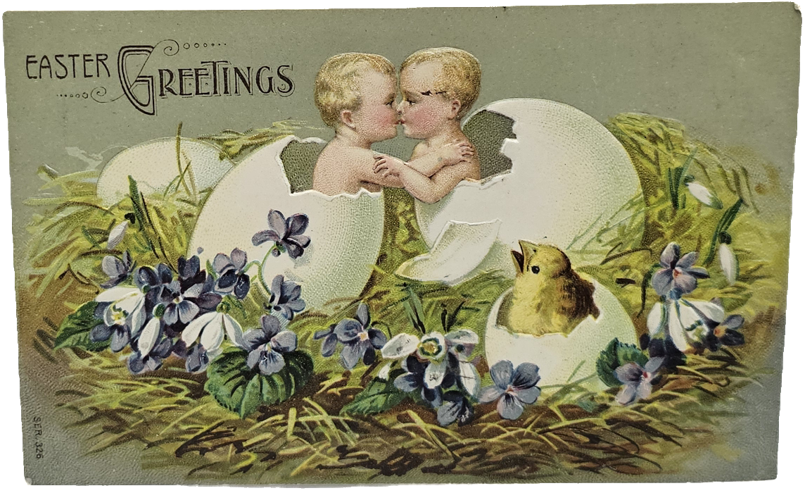 Easter Postcard Embossed Kissing Babies in Eggs Nest of Flowers Series 326