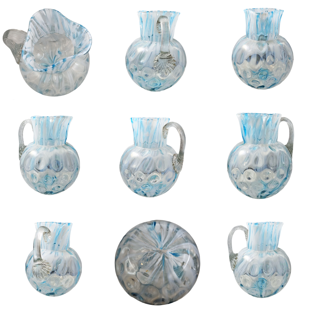 Phoenix Spot Optic Spatter Glass Four Piece Water Set Pitcher Tumblers Opal Blue