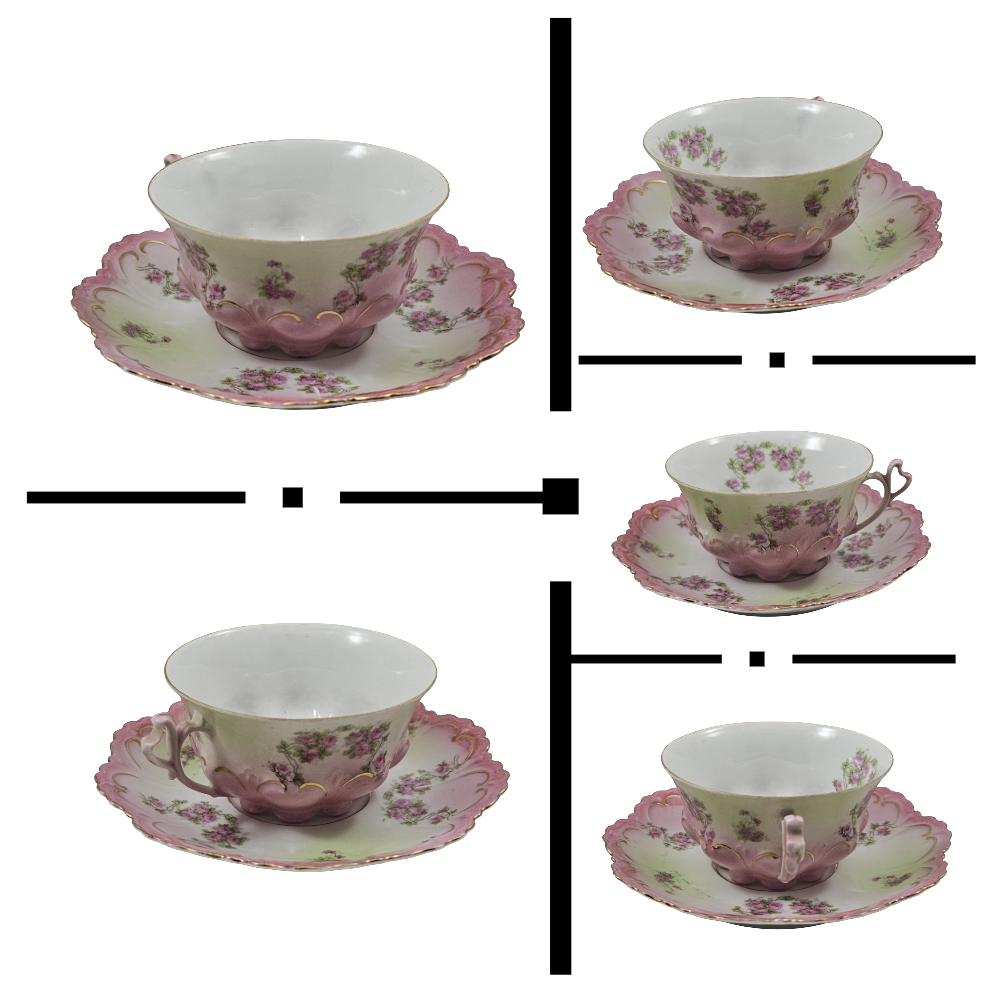 Antique Austrian Floral Porcelain Pink & Green Ornate 10 pc Cup Set