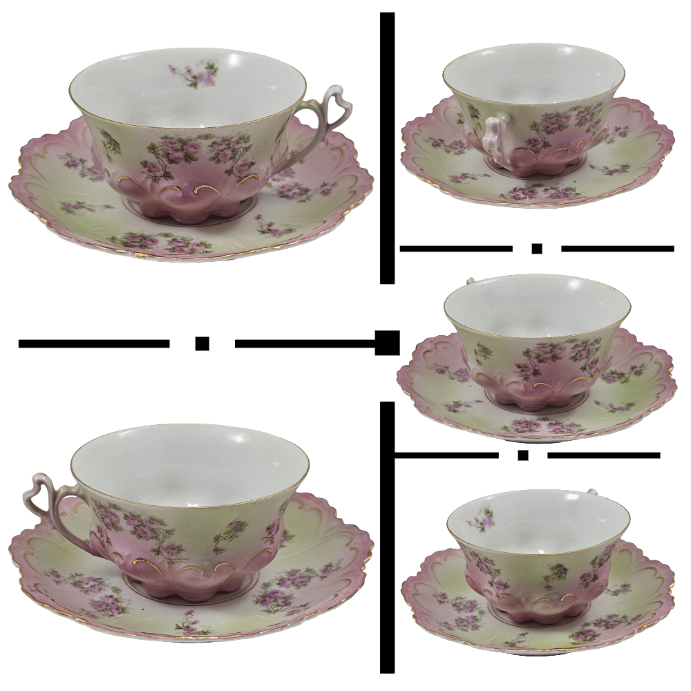 Antique Austrian Floral Porcelain Pink & Green Ornate 10 pc Cup Set