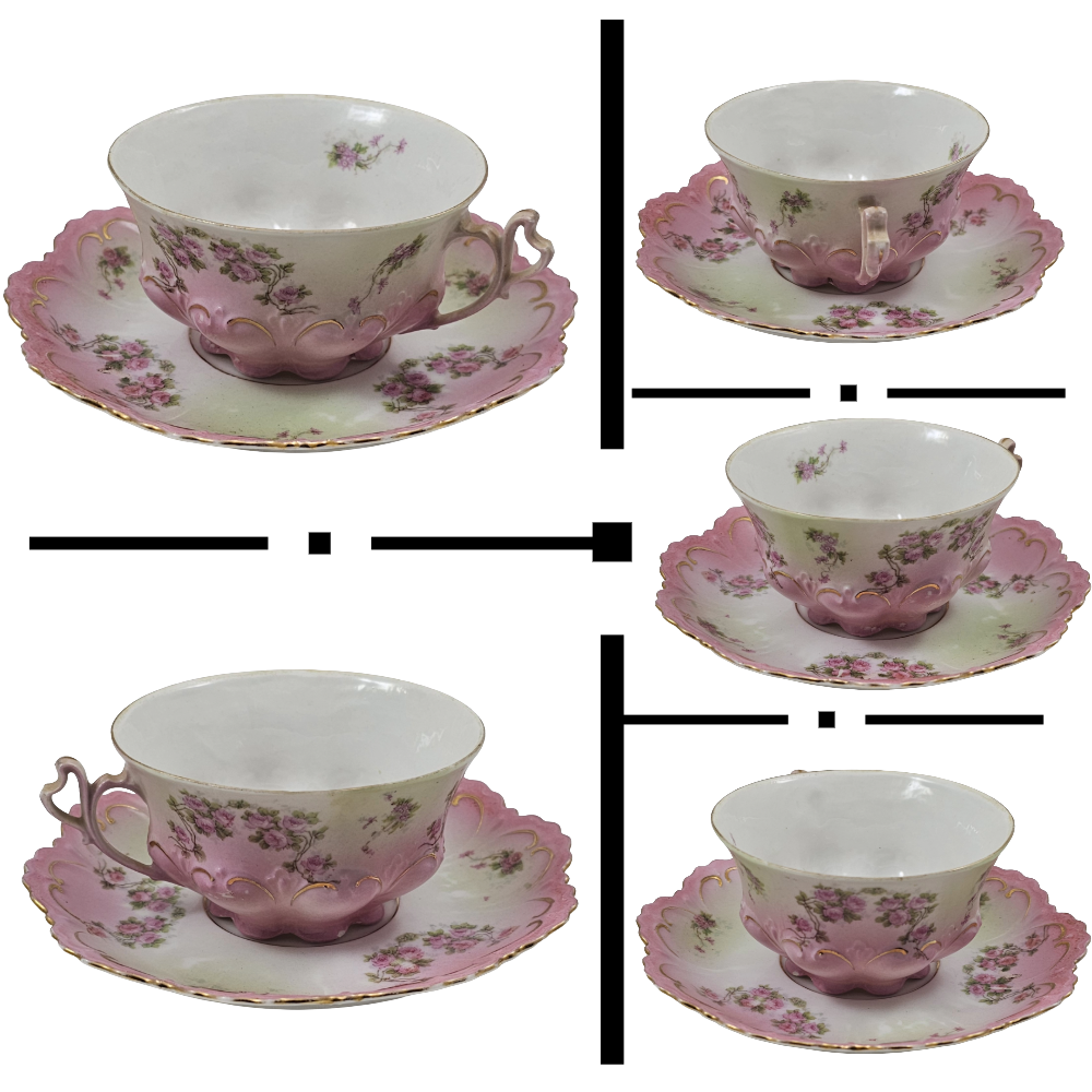 Antique Austrian Floral Porcelain Pink & Green Ornate 10 pc Cup Set