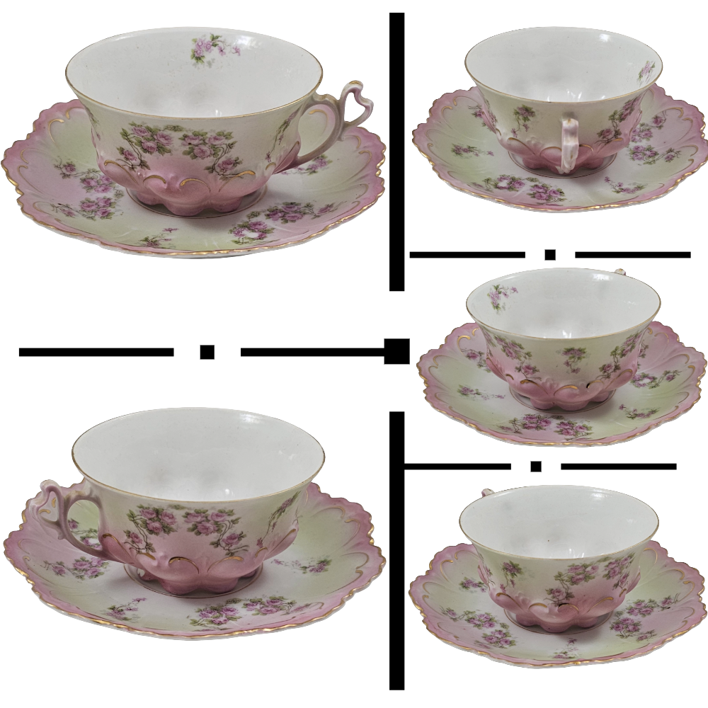 Antique Austrian Floral Porcelain Pink & Green Ornate 10 pc Cup Set