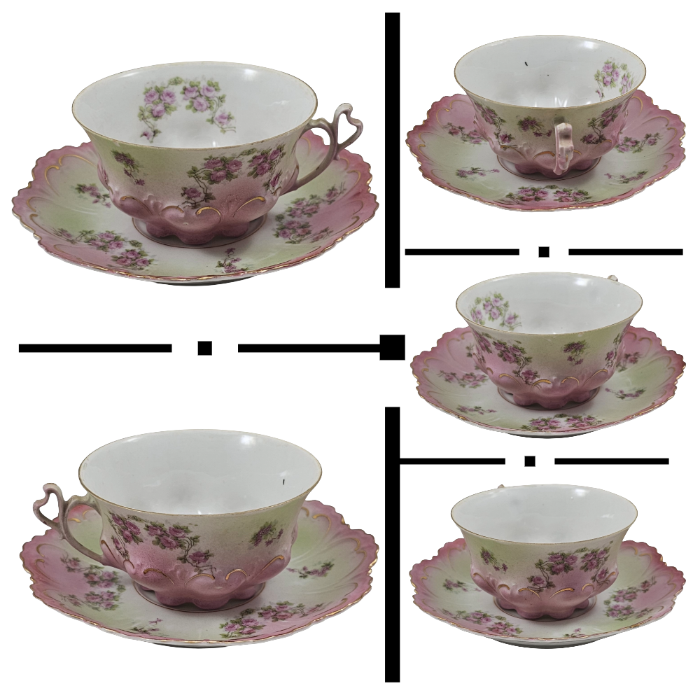 Antique Austrian Floral Porcelain Pink & Green Ornate 10 pc Cup Set
