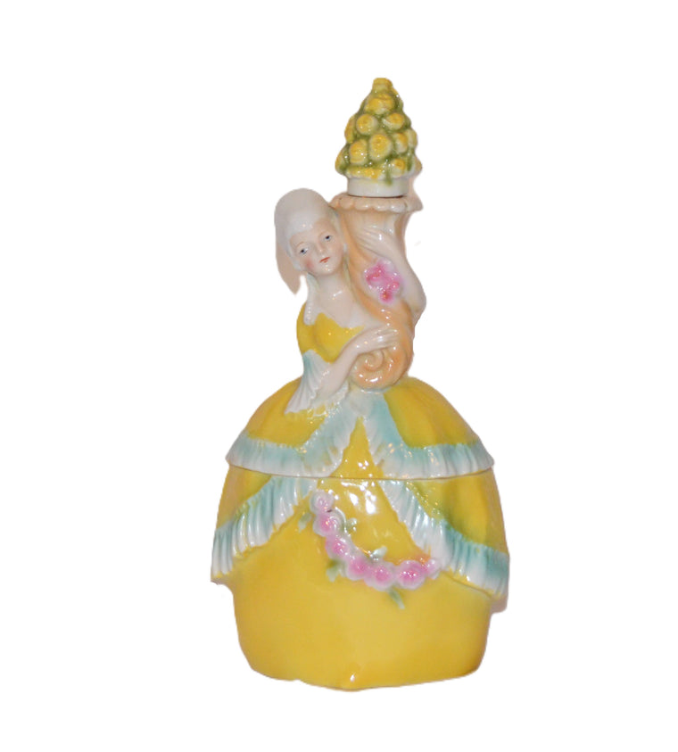 Bavarian Porcelain Erphila Yellow Figural Woman Powder Box Jar & Perfume Half Doll