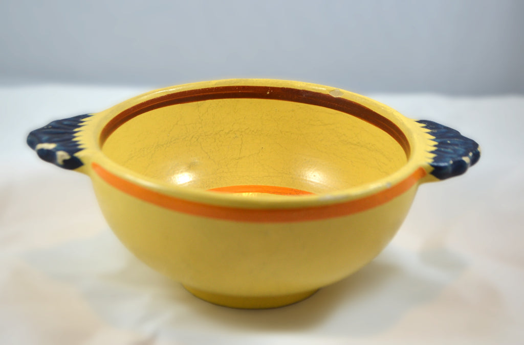 Antique Quimper Bowl Soleil Yellow Lugged Handles with Painted Birds