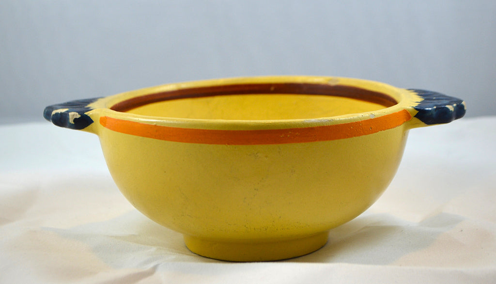 Antique Quimper Bowl Soleil Yellow Lugged Handles with Painted Birds