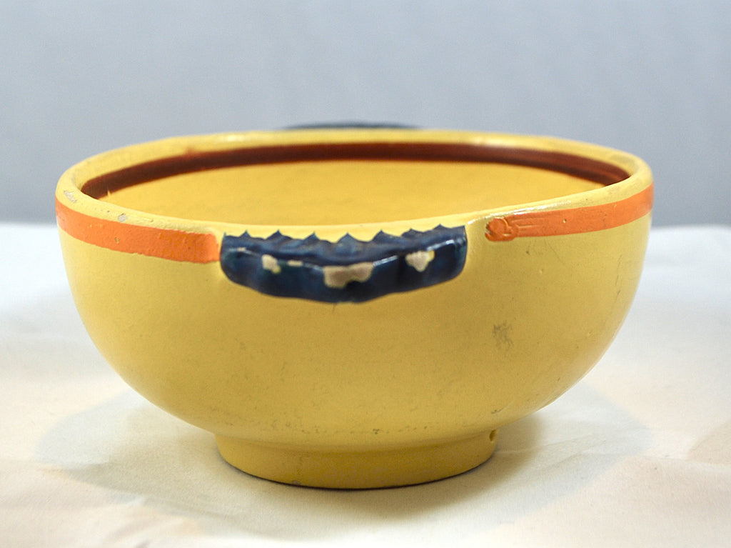 Antique Quimper Bowl Soleil Yellow Lugged Handles with Painted Birds