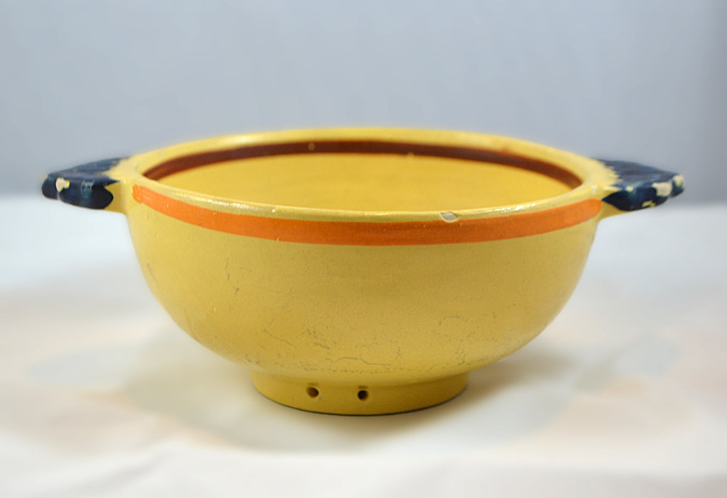 Antique Quimper Bowl Soleil Yellow Lugged Handles with Painted Birds