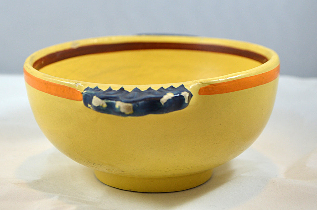 Antique Quimper Bowl Soleil Yellow Lugged Handles with Painted Birds