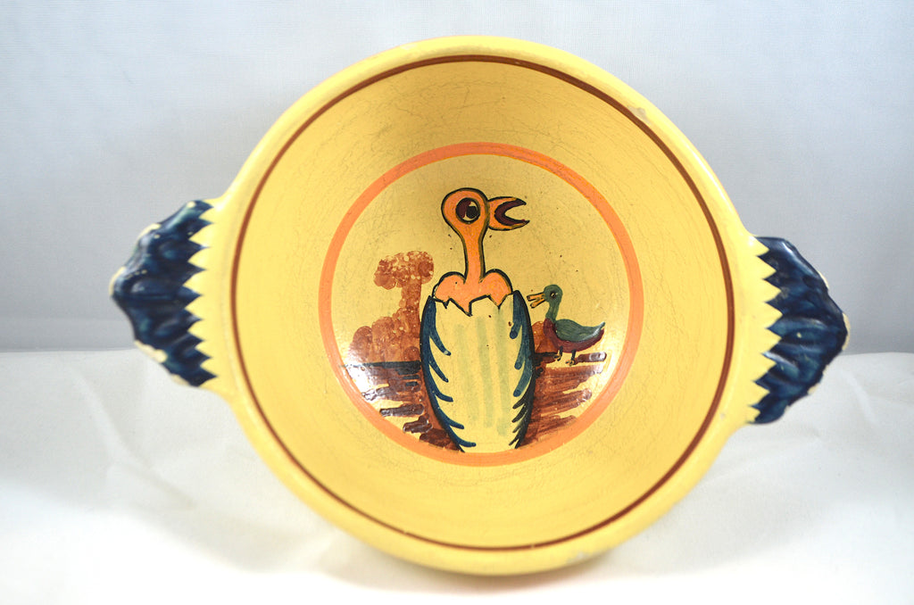Antique Quimper Bowl Soleil Yellow Lugged Handles with Painted Birds