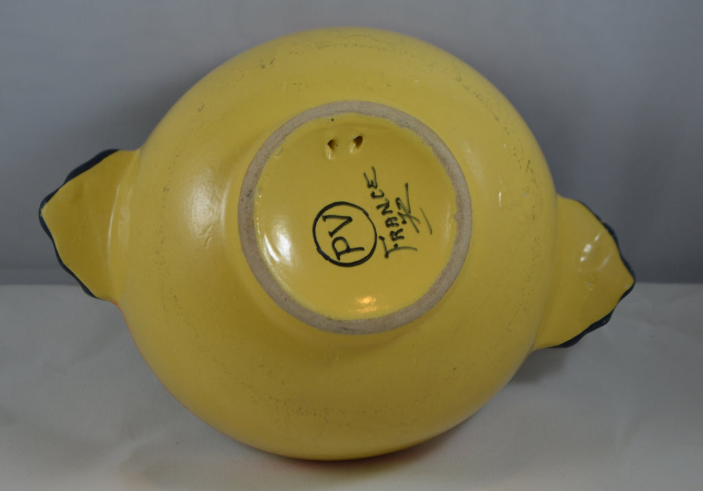 Antique Quimper Bowl Soleil Yellow Lugged Handles with Painted Birds
