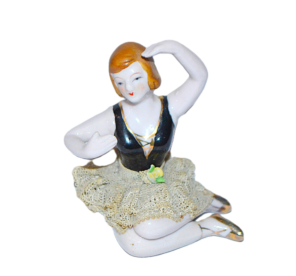 Art Deco Porcelain Bisque Bathing Beauty Seated Ballerina Arms Away Dresden Lace Skirt