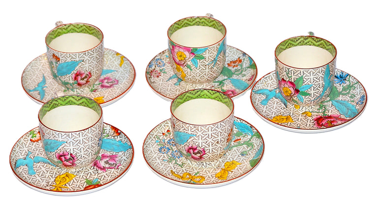 Wedgwood Demitasse Cup & Saucer Set of Five Hand Painted Enamel Flower Trellis Birds 1870-1900