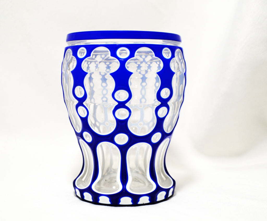 Biedermeier Bohemian Glass Cobalt White Double Overlay Tumbler Beaker Cup