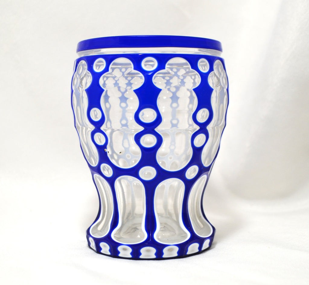 Biedermeier Bohemian Glass Cobalt White Double Overlay Tumbler Beaker Cup