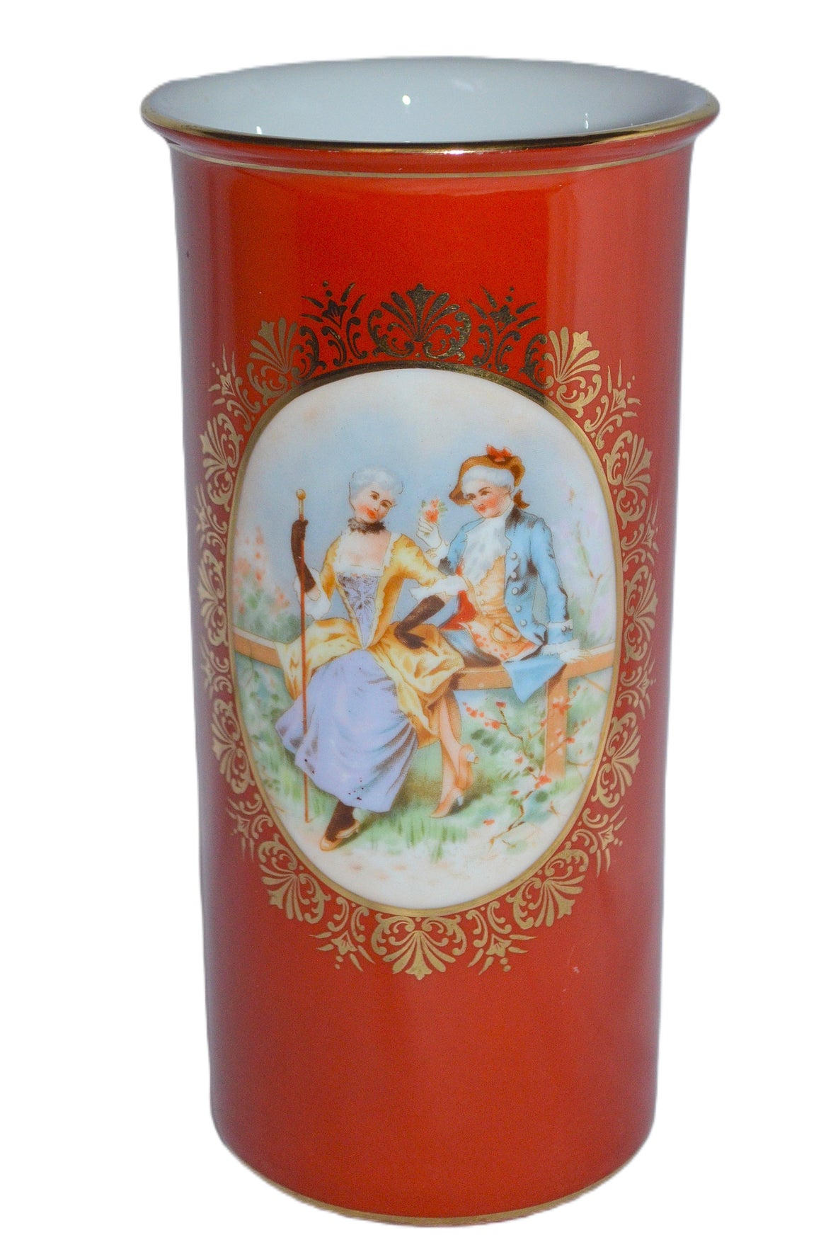 Noritake Cylinder Vase Portrait Style Romantic Couple with Gold Trim on Orange Luster