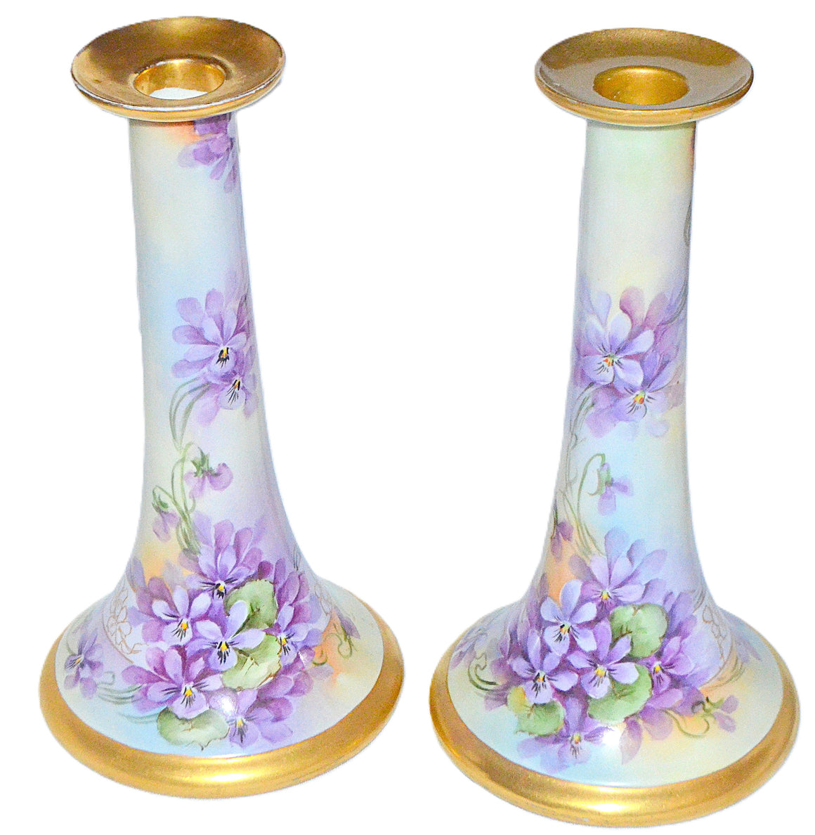 Porcelain Candlesticks Hand Painted Violets Artist Minnie Perl