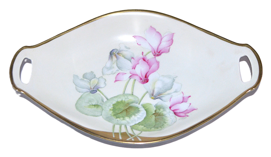 Bavarian Porcelain Hand Painted Signed Scalloped & Double Handle Pink Floral Decoration