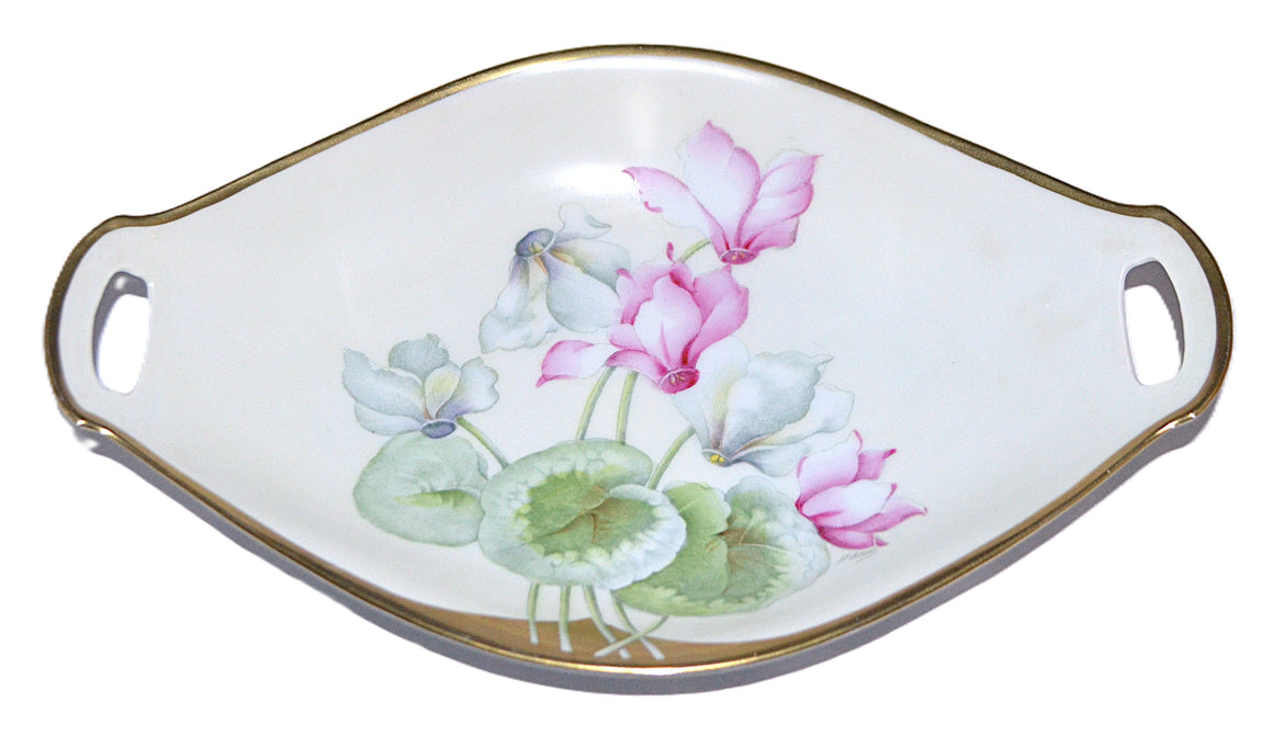 Bavarian Porcelain Hand Painted Signed Scalloped & Double Handle Pink Floral Decoration