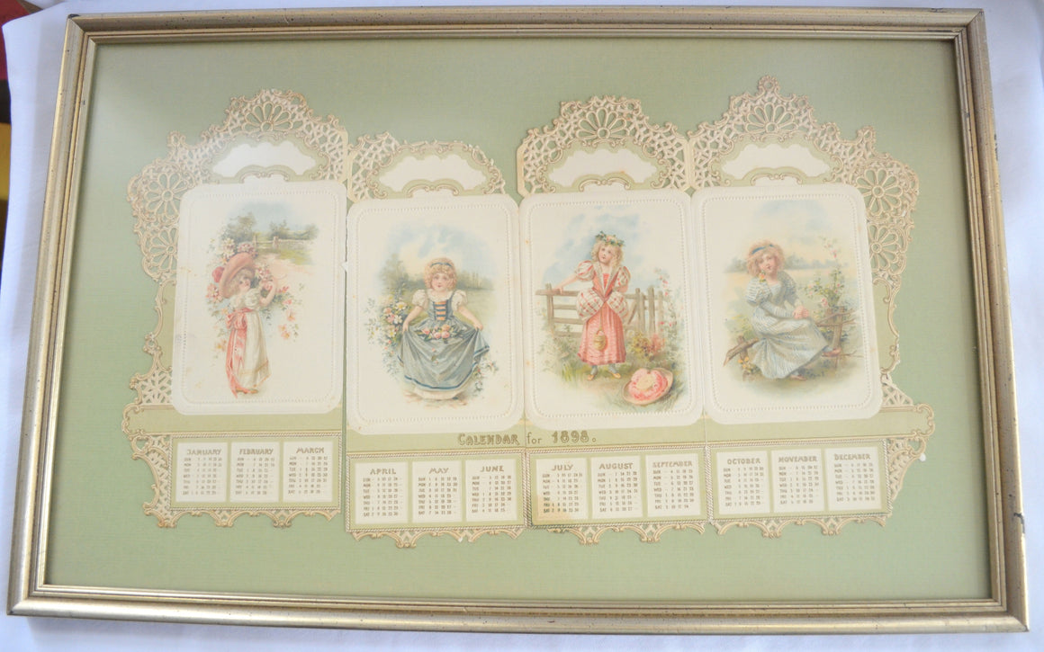 Antique Die Cut 1898 Children's Calendar Professionally Framed