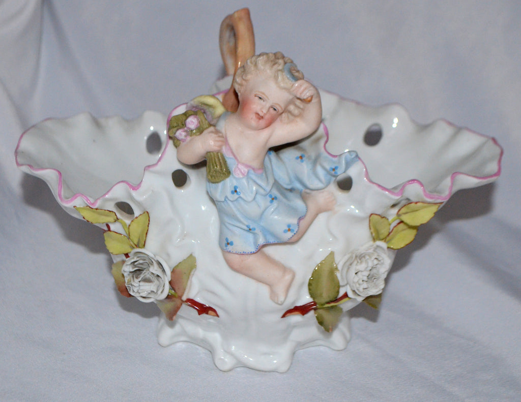 Large Antique Continental Porcelain Floral Encrusted Cherub Putti Basket Sitzendorf Style